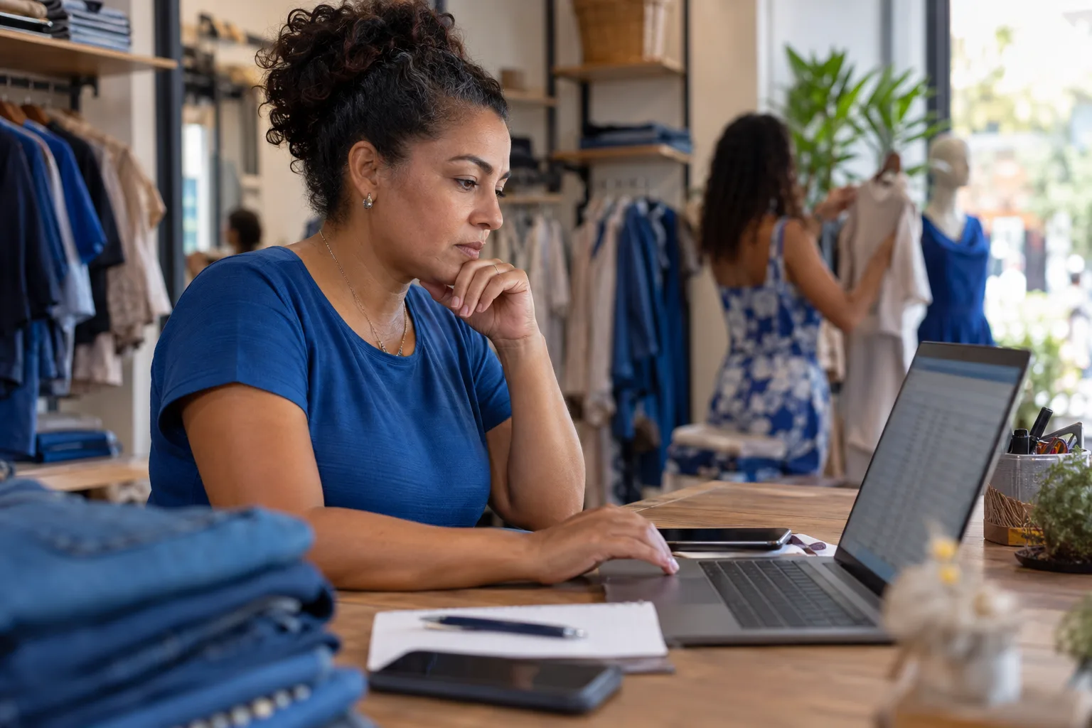 Dona de loja de roupas revisa a lista de clientes no notebook