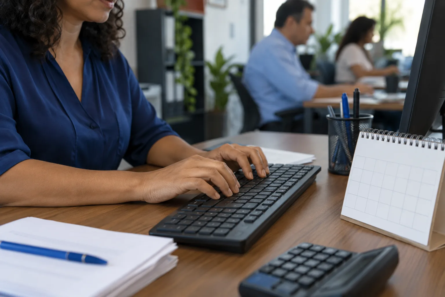 Mãos de contador digitam no teclado com calendário de mesa ao lado