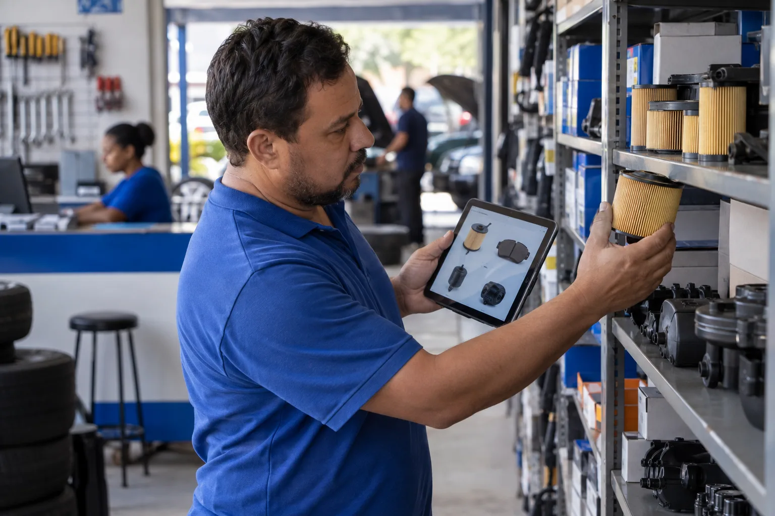 Gerente compara o tablet com os produtos da prateleira numa loja de autopeças