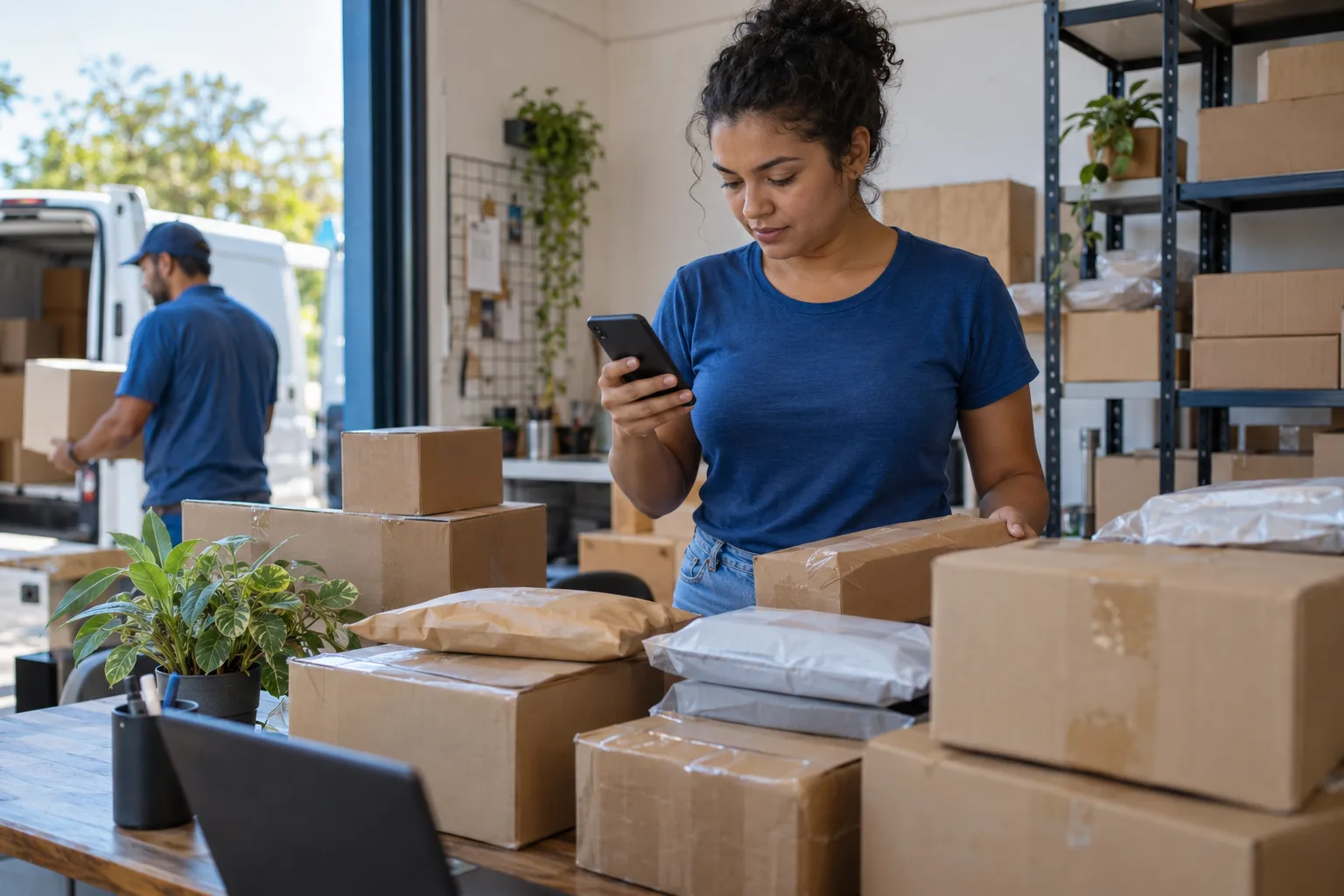 Pilha de pacotes prontos para coleta enquanto funcionária confere a lista no celular