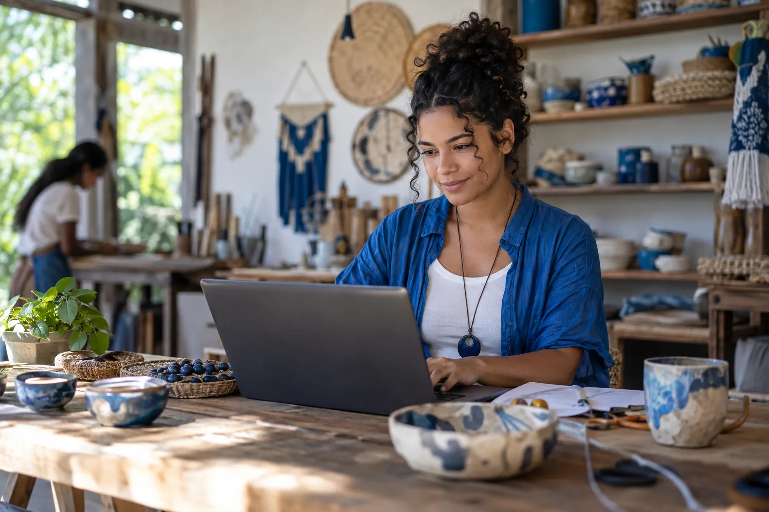 Jovem microempreendedora trabalha no notebook em sua oficina de artesanato