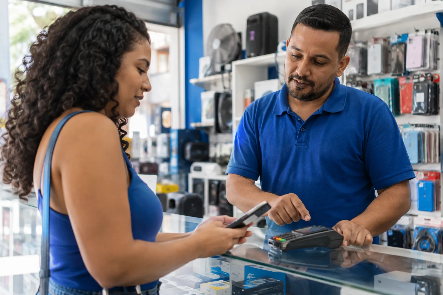 Vendedor de loja de eletrônicos explica as formas de pagamento a um cliente no balcão