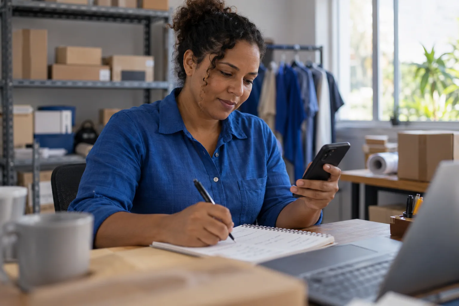 Dona de pequena empresa confere recebimentos de Pix no celular e anota no caderno