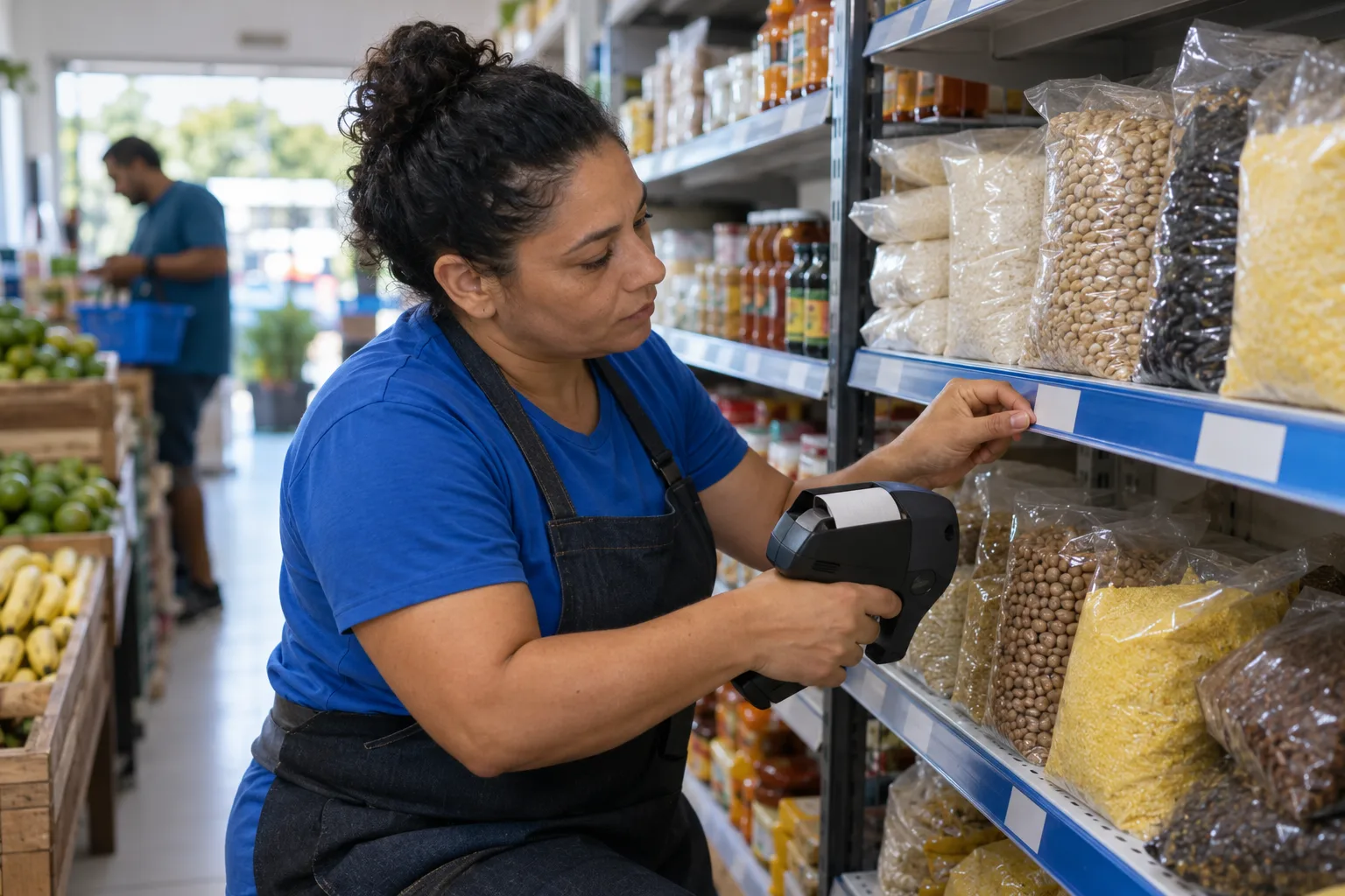 Gerente de mercado troca etiquetas de preço na prateleira com impressora portátil