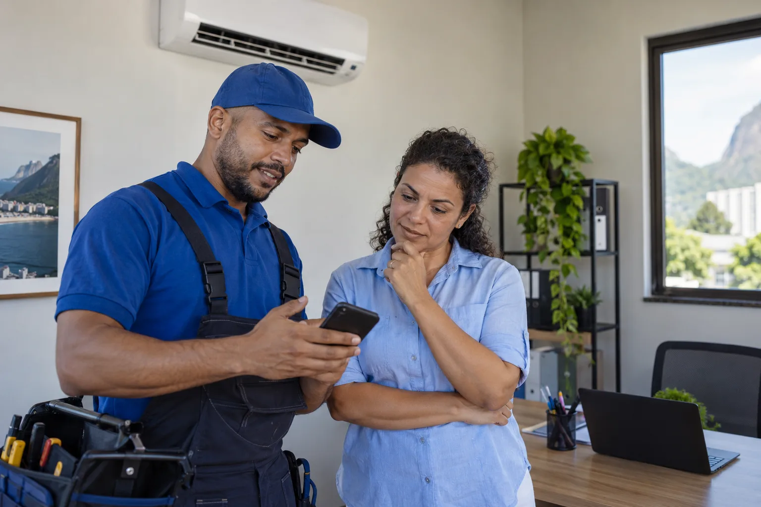 Técnico de ar-condicionado mostra ao cliente a nota no celular depois do serviço