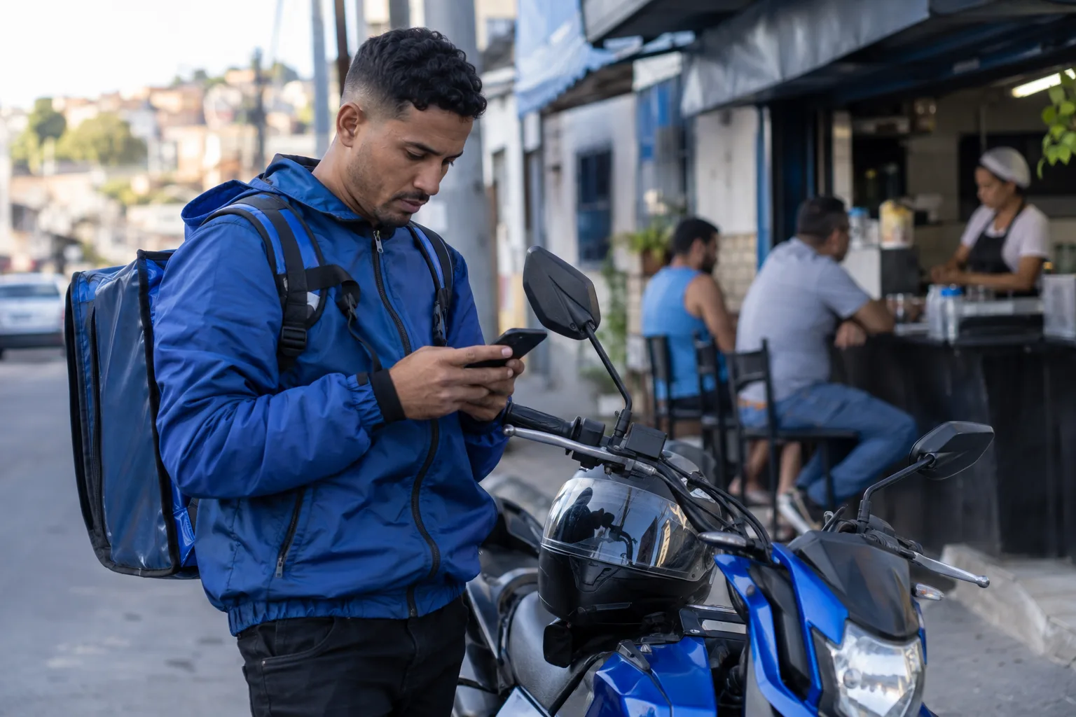 Entregador de moto confere o celular ao lado da motocicleta na rua