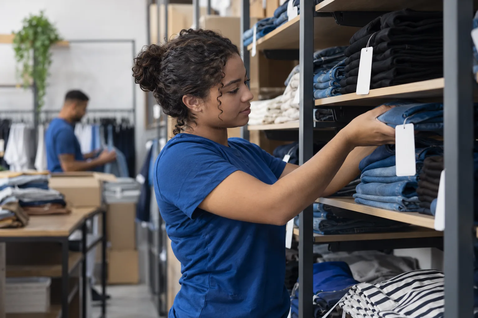 Funcionária recoloca na prateleira do estoque uma peça de roupa trocada