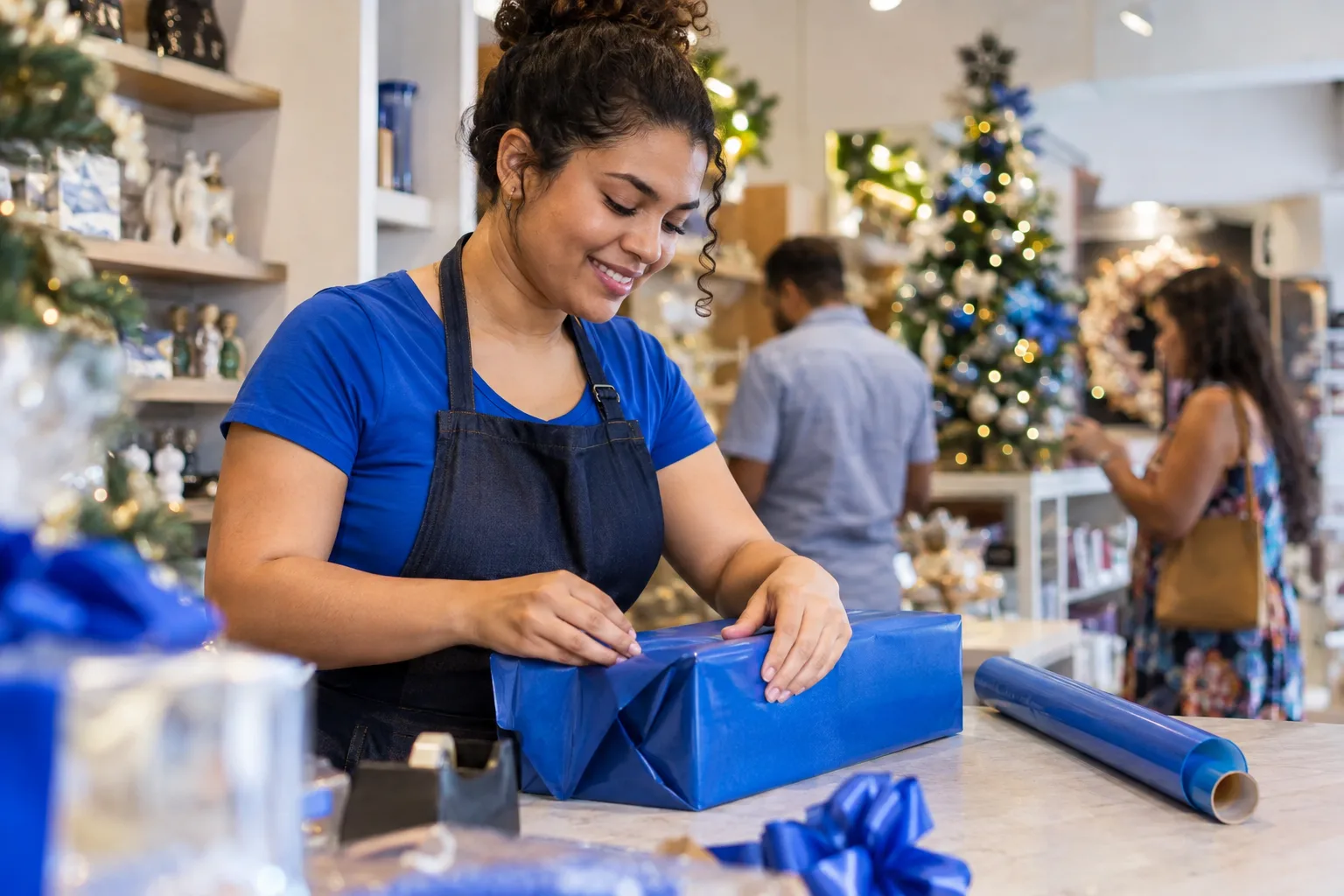 Atendente embrulha um presente com papel azul no balcão da loja