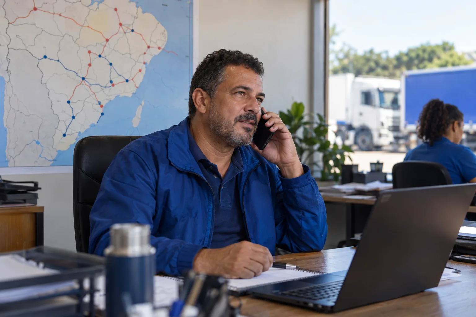 Gerente de transportadora conversa com cliente ao telefone diante de um mapa de rotas
