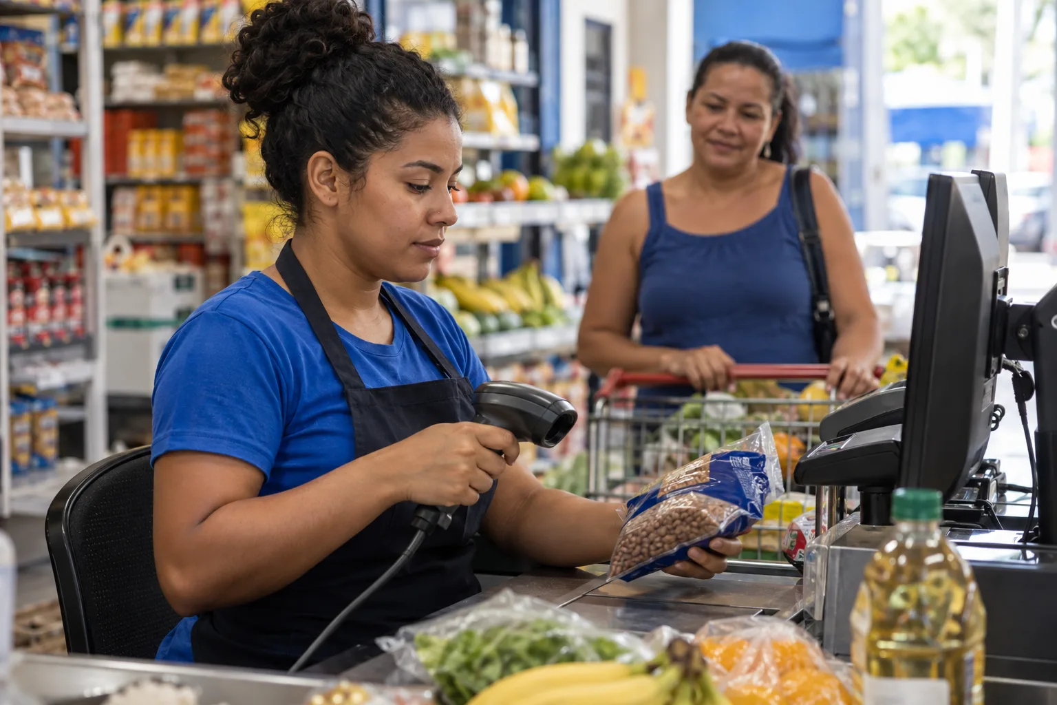 Dono de minimercado confere produtos na prateleira com leitor de código de barras