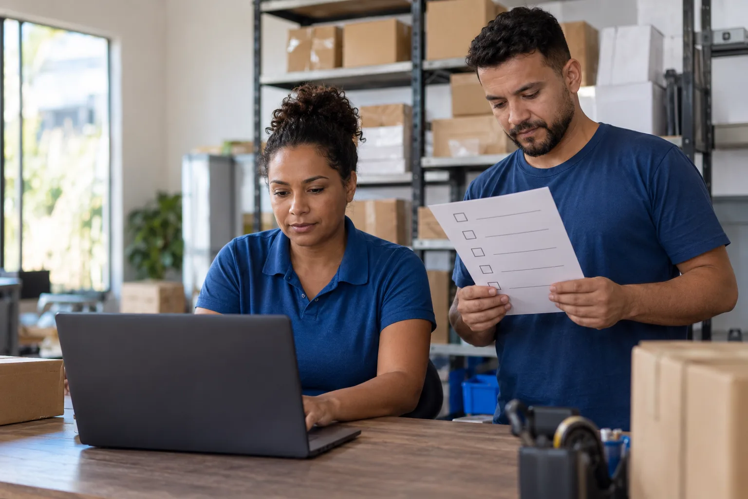 Funcionários de pequena distribuidora conferem checklist e notebook no escritório