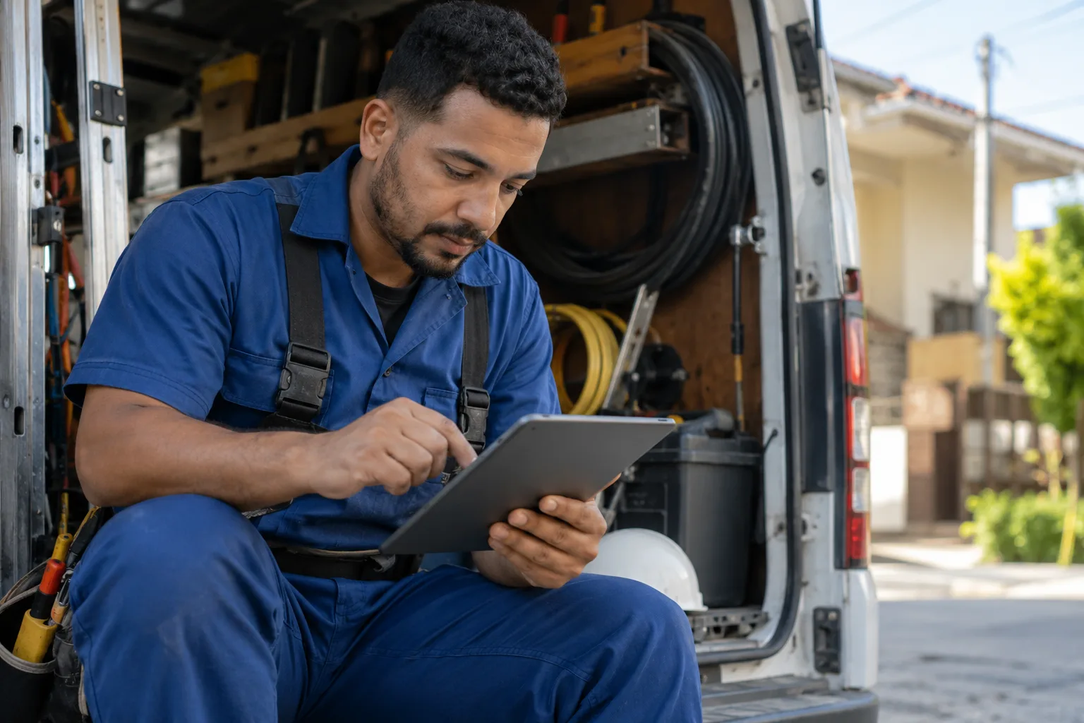 Eletricista MEI confere documentos no tablet dentro da van de trabalho