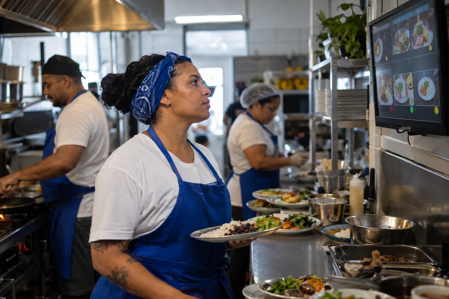 Cozinheira lê os pedidos em uma tela na parede da cozinha de um restaurante movimentado