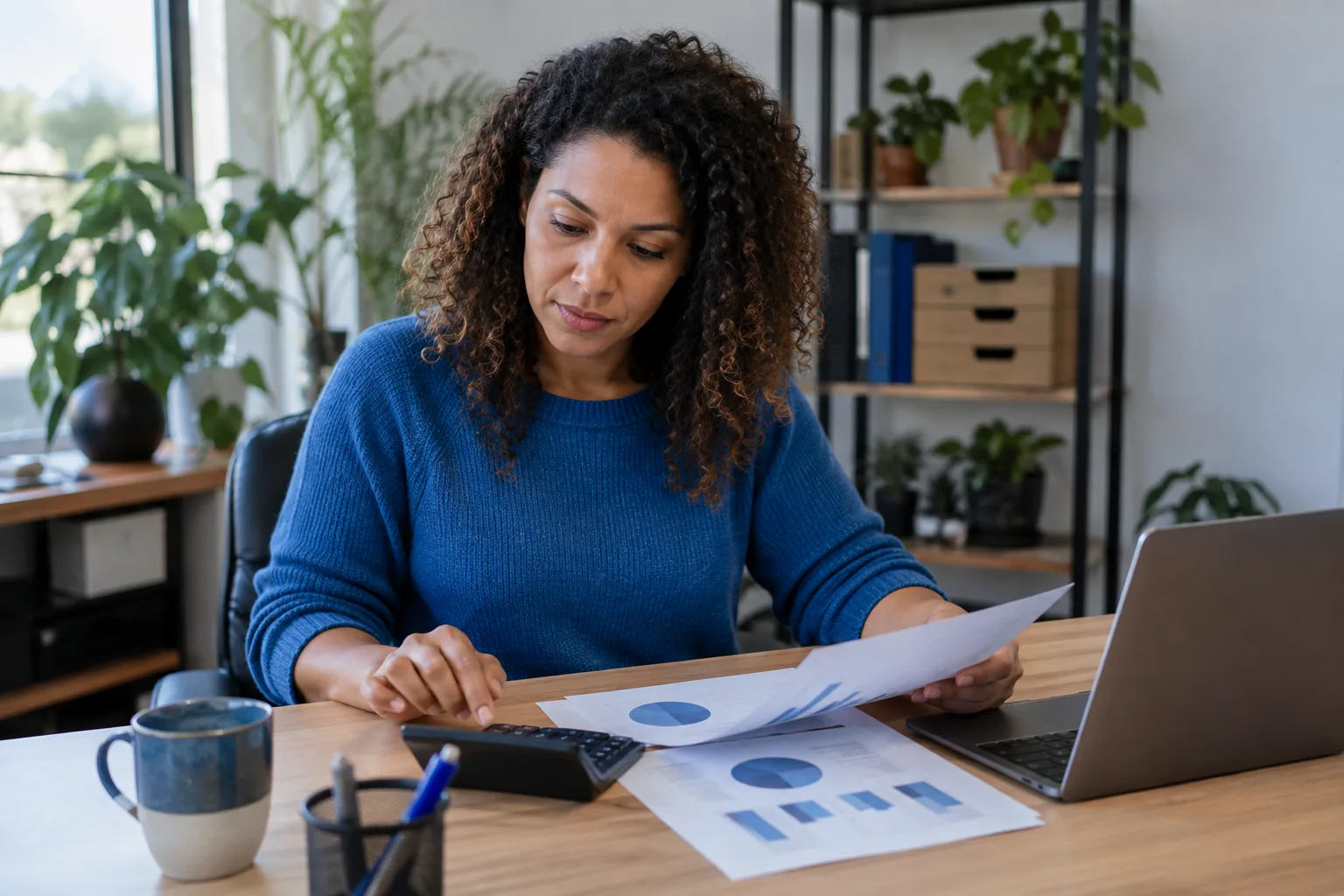 Empresária faz contas com calculadora e papéis na mesa do escritório ao lado do notebook
