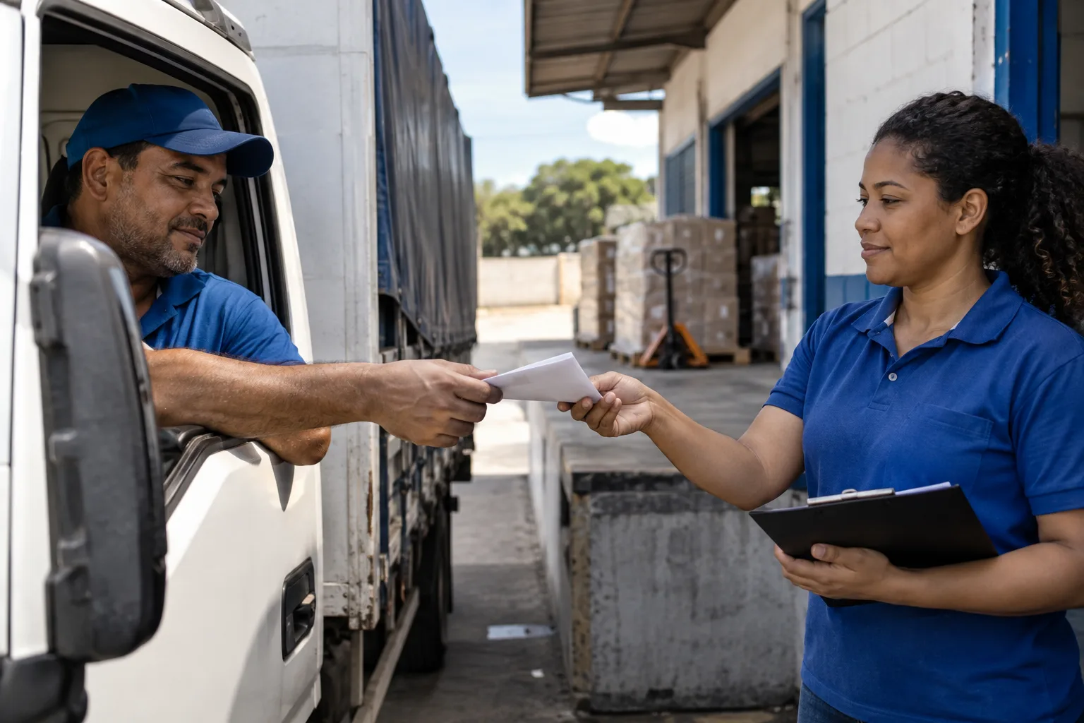 Motorista recebe um documento impresso da expedidora na doca de carregamento