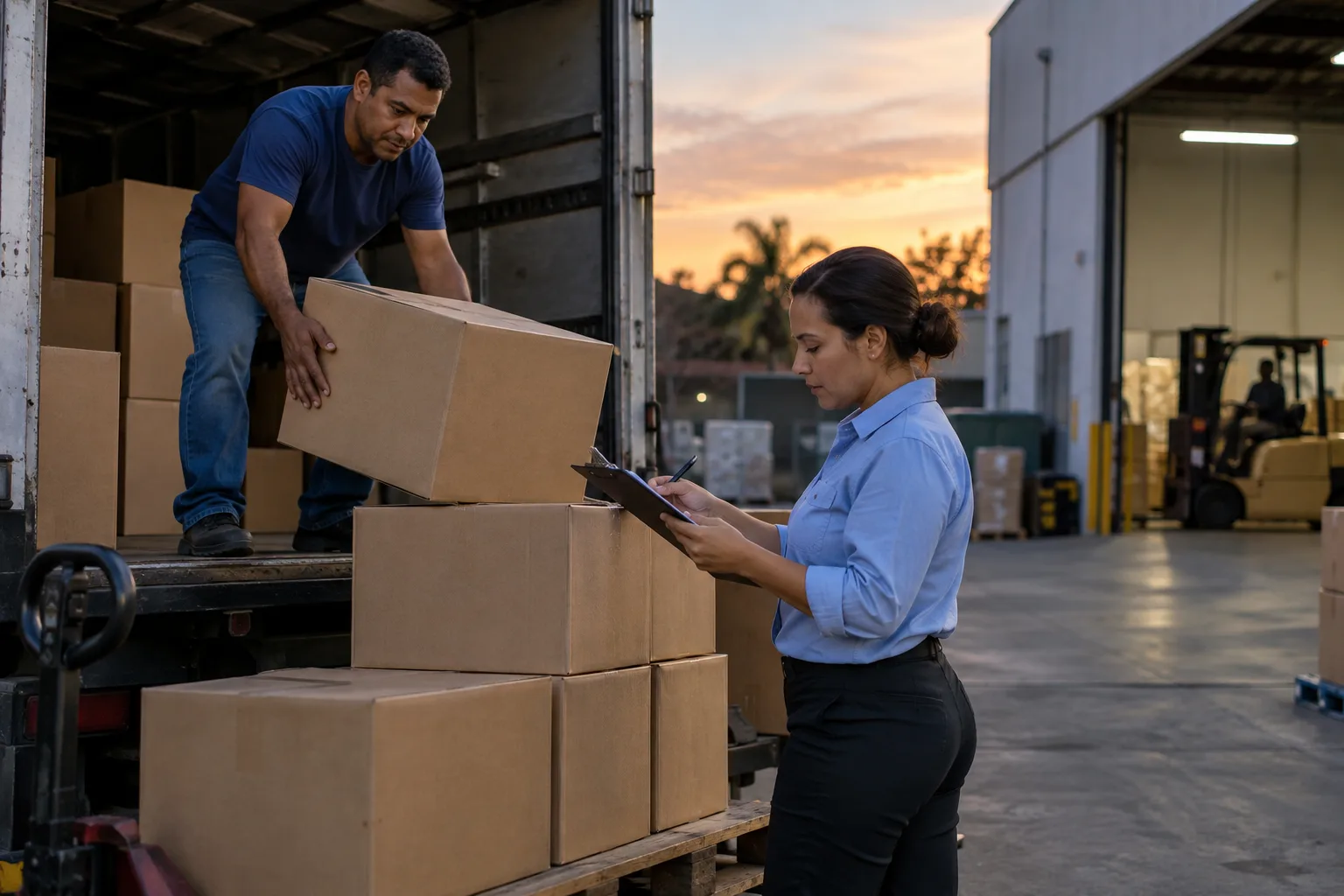 Motorista descarrega as últimas caixas no centro de distribuição de um cliente ao entardecer