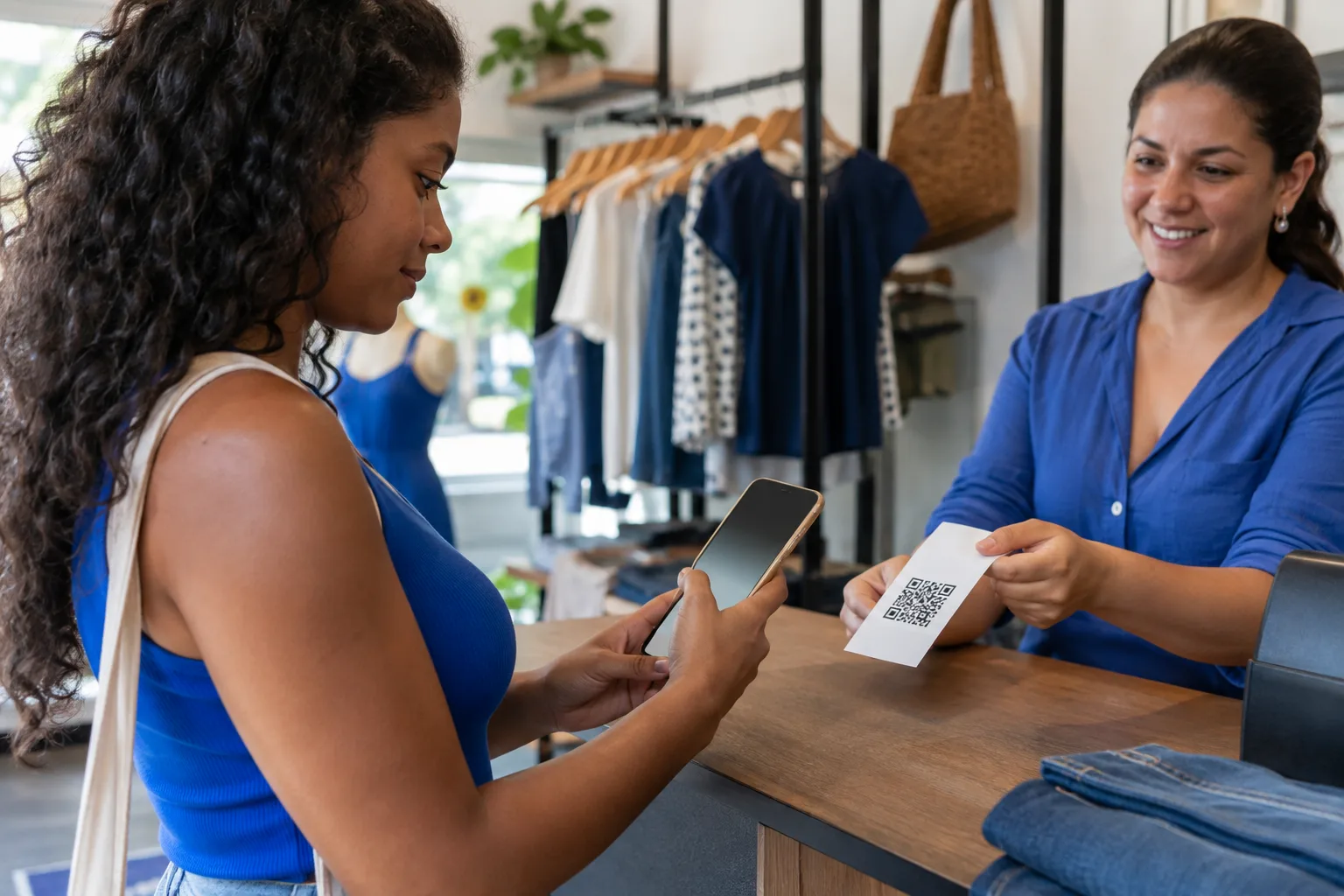 Cliente de uma loja de roupas aponta o celular para o QR Code do comprovante entregue pela vendedora