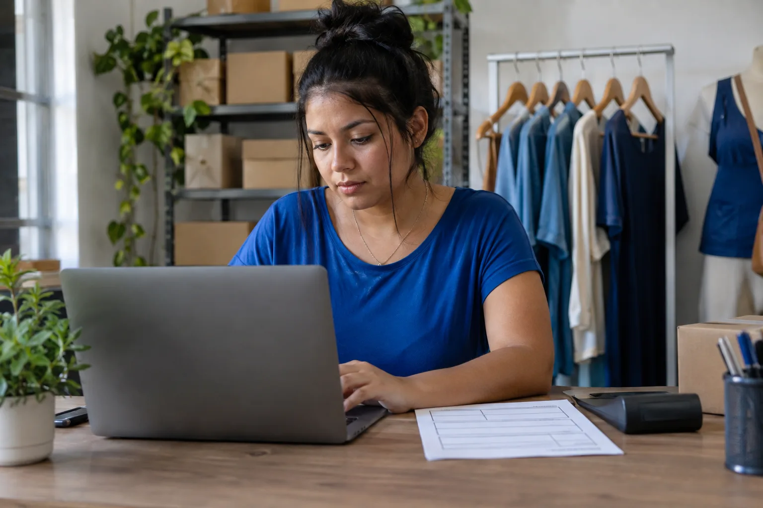 Funcionária de pequena empresa cadastra os dados do cliente no notebook antes de emitir a nota