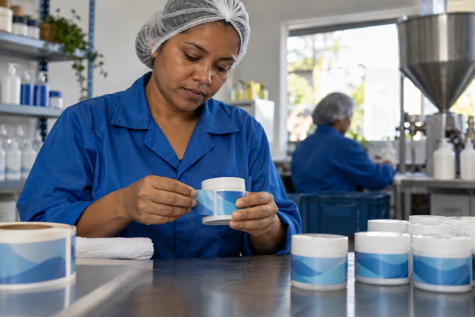 Funcionária de uma pequena fábrica de cosméticos cola a etiqueta em um pote na bancada de produção