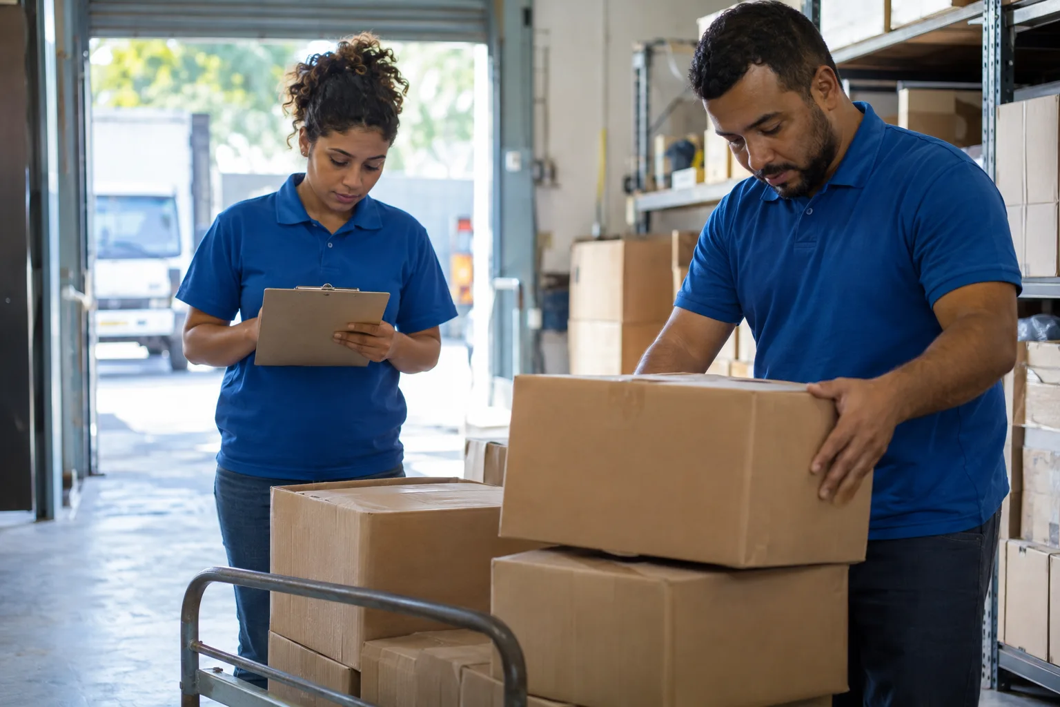 Dois funcionários de uma distribuidora separam caixas em um carrinho e conferem uma lista na prancheta