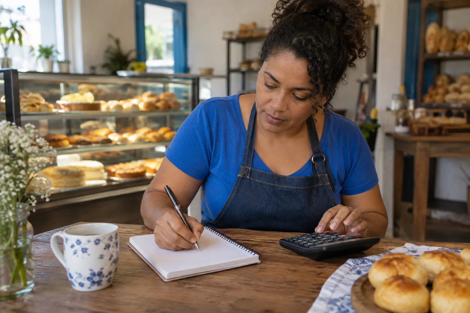 Dona de padaria anota o orçamento do mês com calculadora e caderno na mesa da loja
