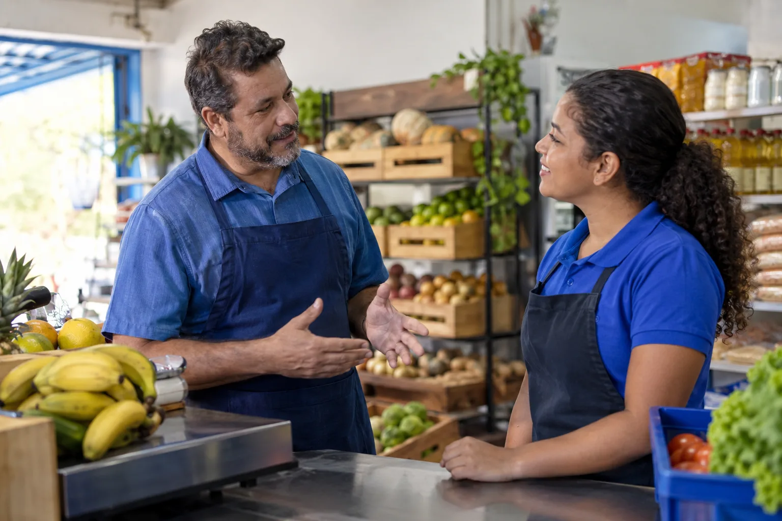 Dono de mercadinho conversa com uma funcionária no balcão