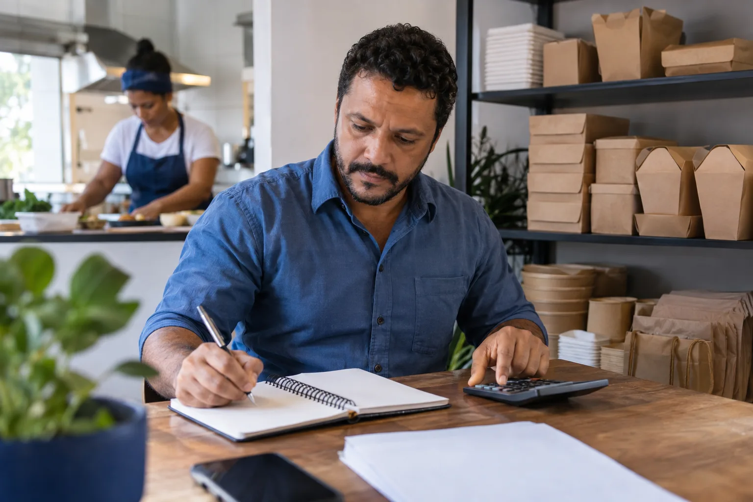 Dono de restaurante faz contas com calculadora e caderno, com embalagens de delivery na estante