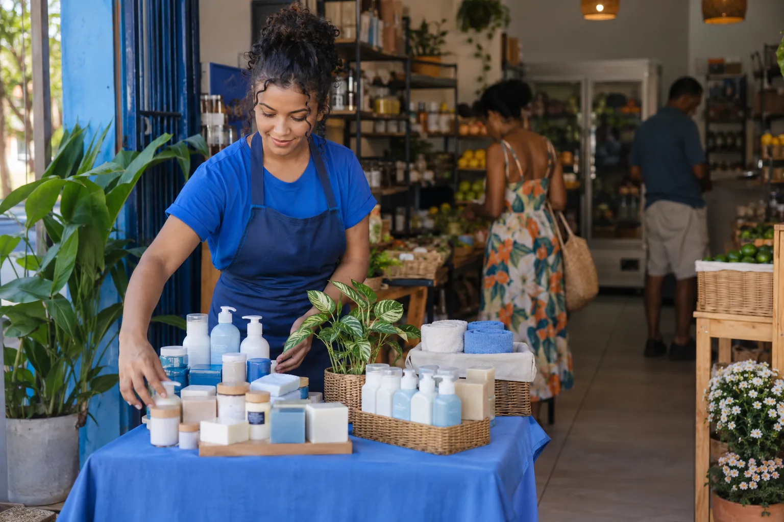 Funcionária monta mesa promocional com produtos parados na entrada da loja