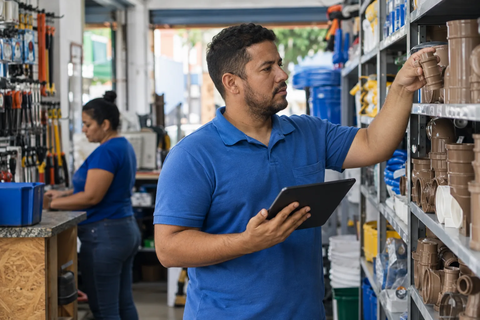 Lojista confere a quantidade de produtos nas prateleiras com um tablet