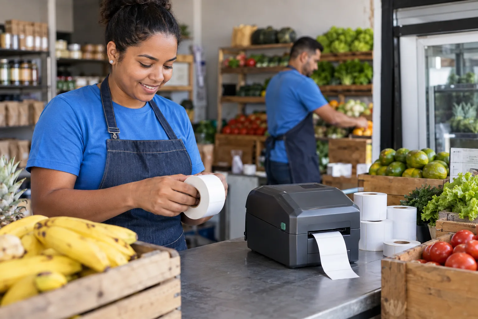 Impressora térmica imprime etiquetas de gôndola no balcão do mercado