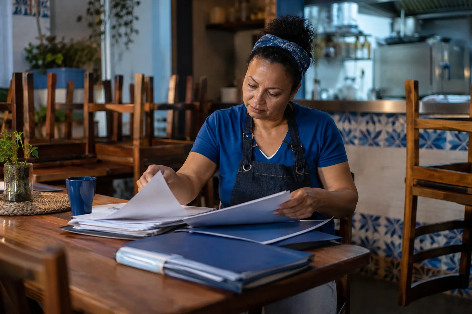 Dona de restaurante organiza notas e boletos em pastas depois do expediente