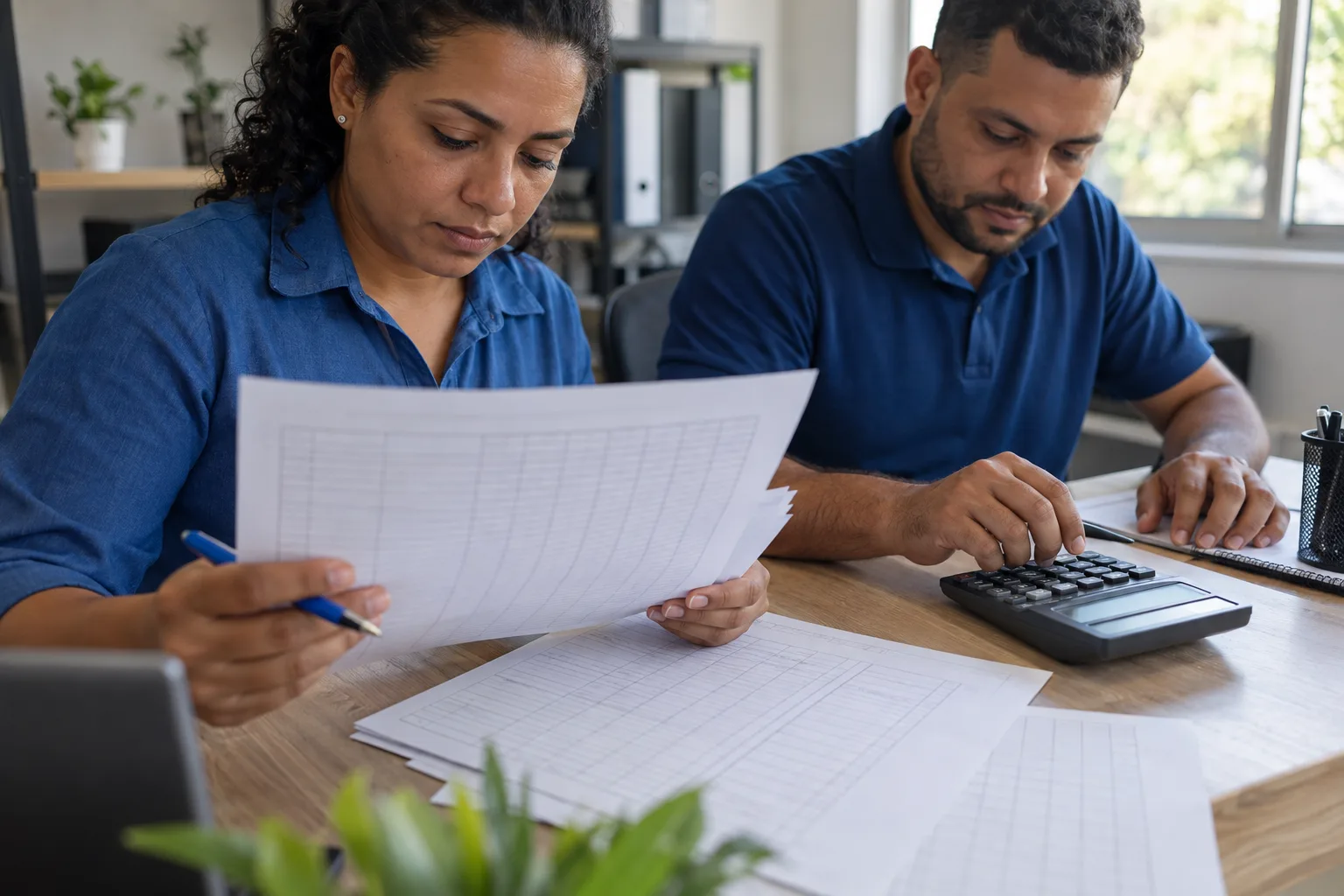 Mãos seguram folhas de pagamento impressas ao lado de uma calculadora e uma caneta azul