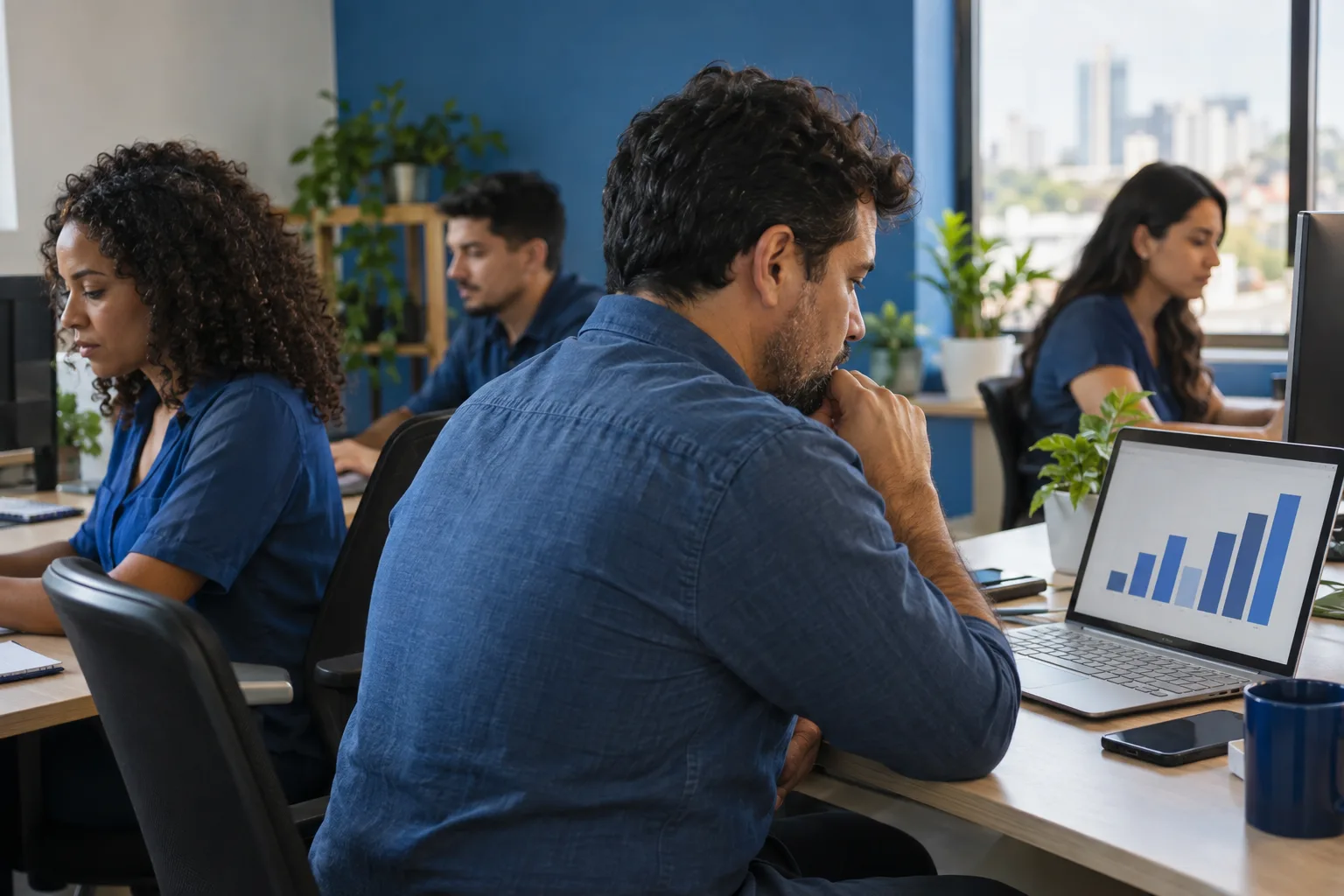 Equipe de uma pequena empresa de software trabalha nas mesas enquanto o gestor analisa gráficos no notebook