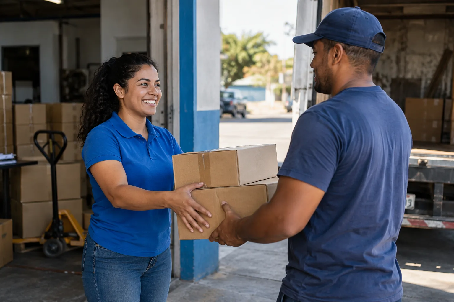 Coordenadora de expedição entrega caixas ao motorista da transportadora contratada