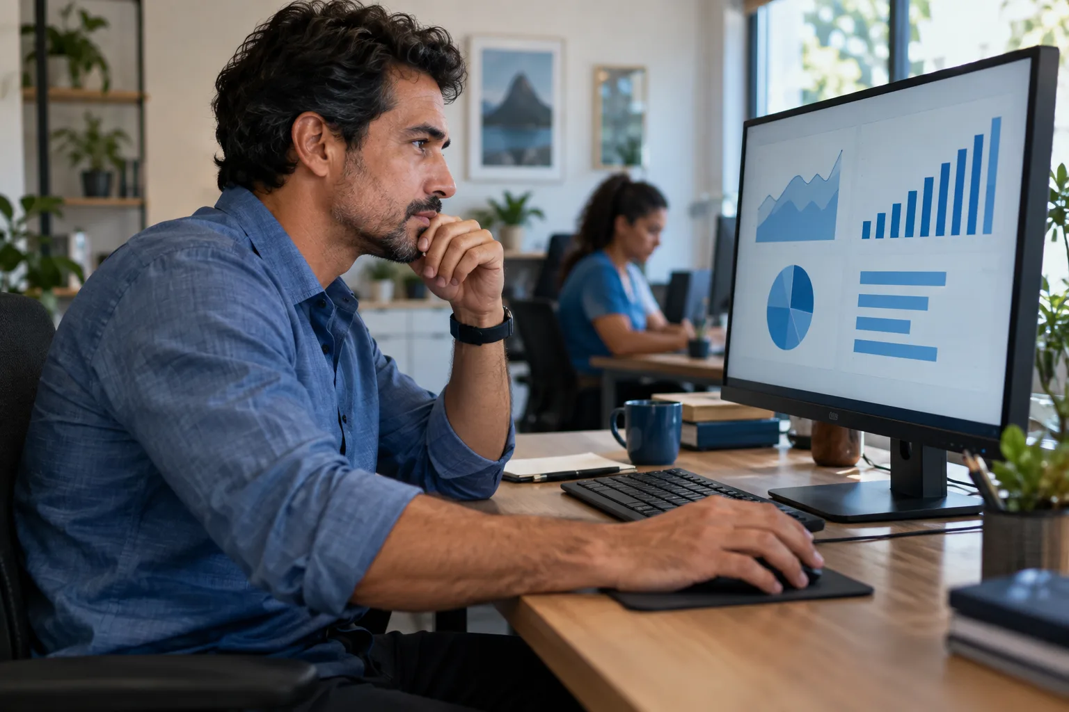 Dono de empresa de serviços analisa relatório mensal no monitor do escritório