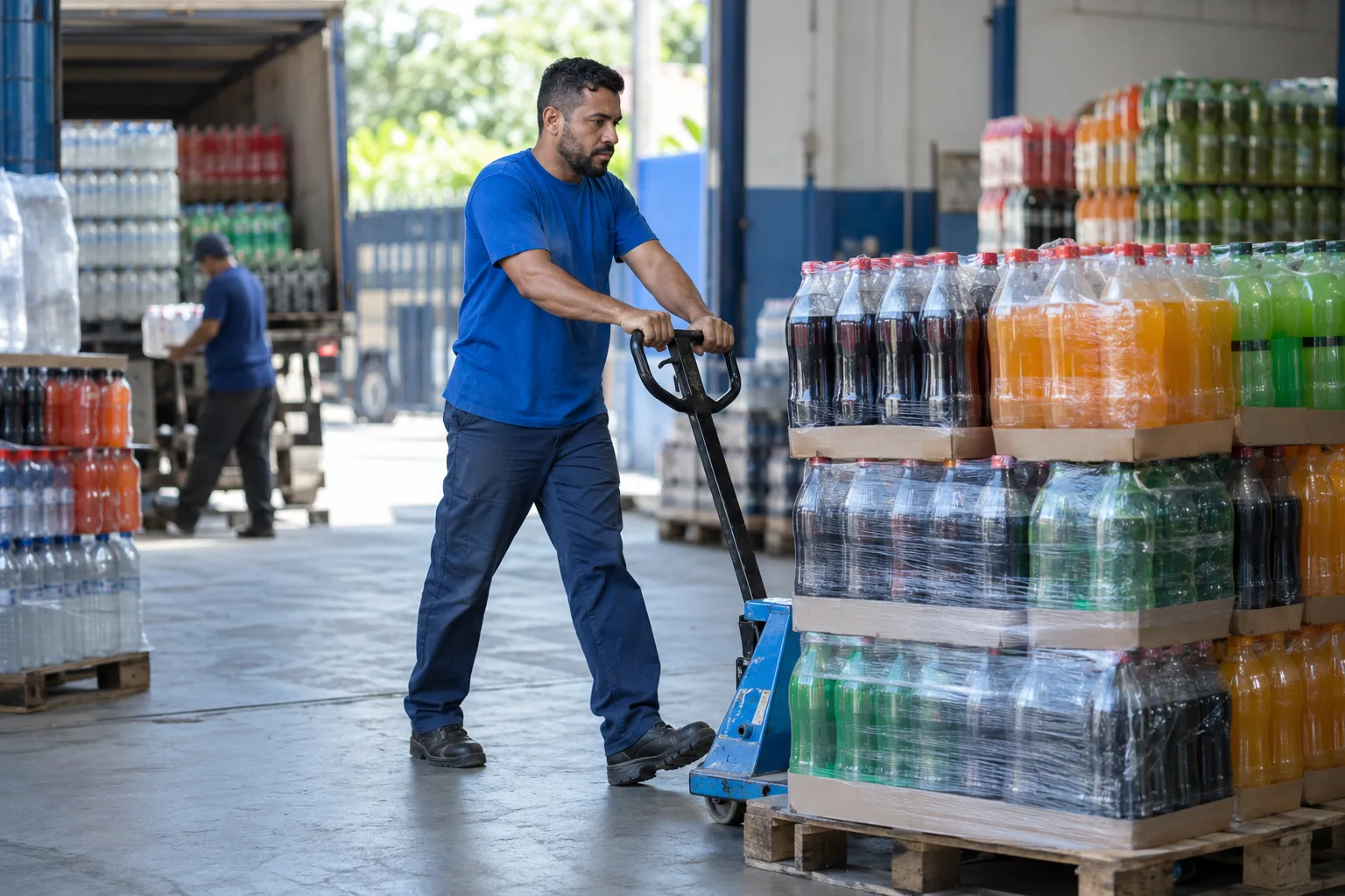 Funcionário de distribuidora de bebidas move paletes de refrigerante com uma paleteira no armazém