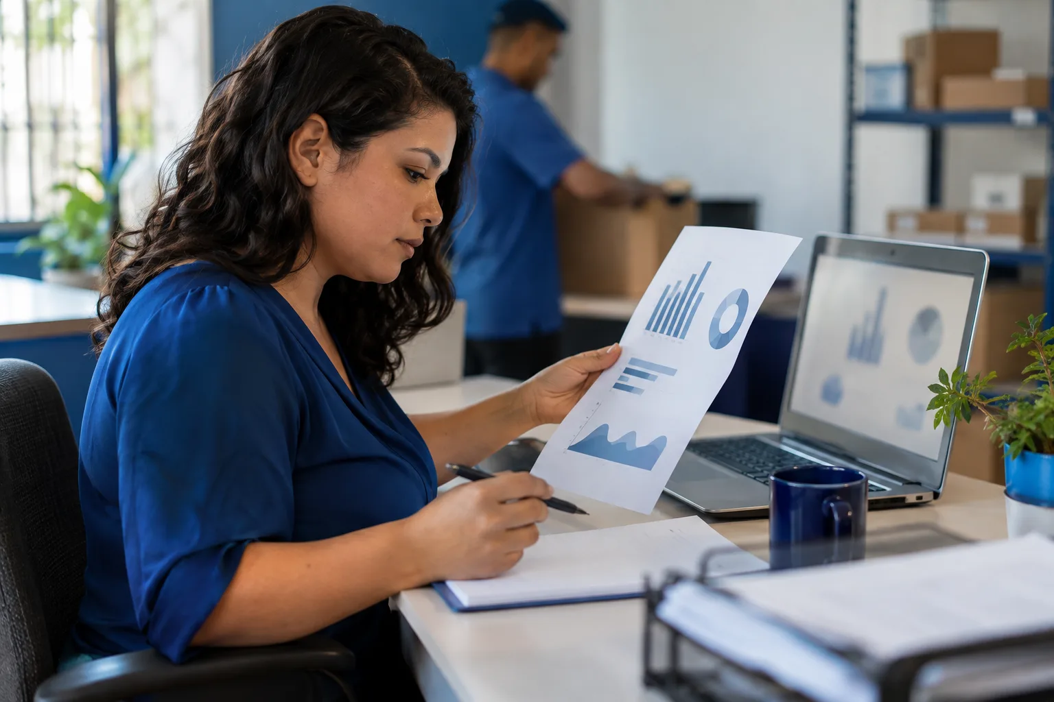 Assistente de compras compara documento impresso com a tela do notebook