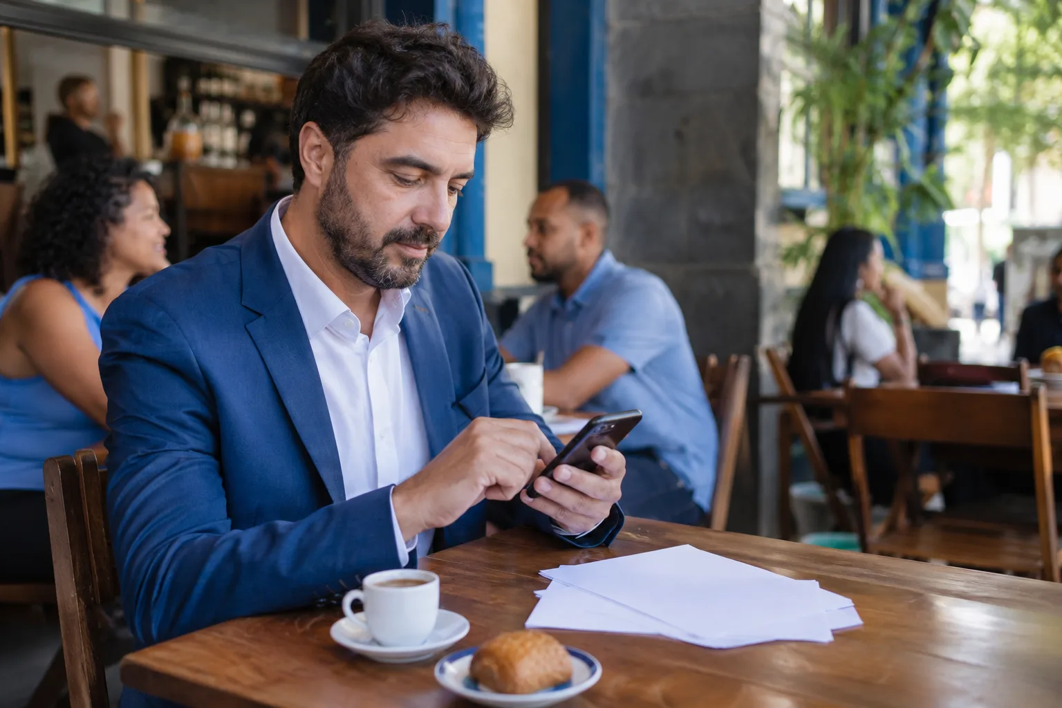 Empresário paga uma conta pelo aplicativo do banco no celular em uma mesa de café