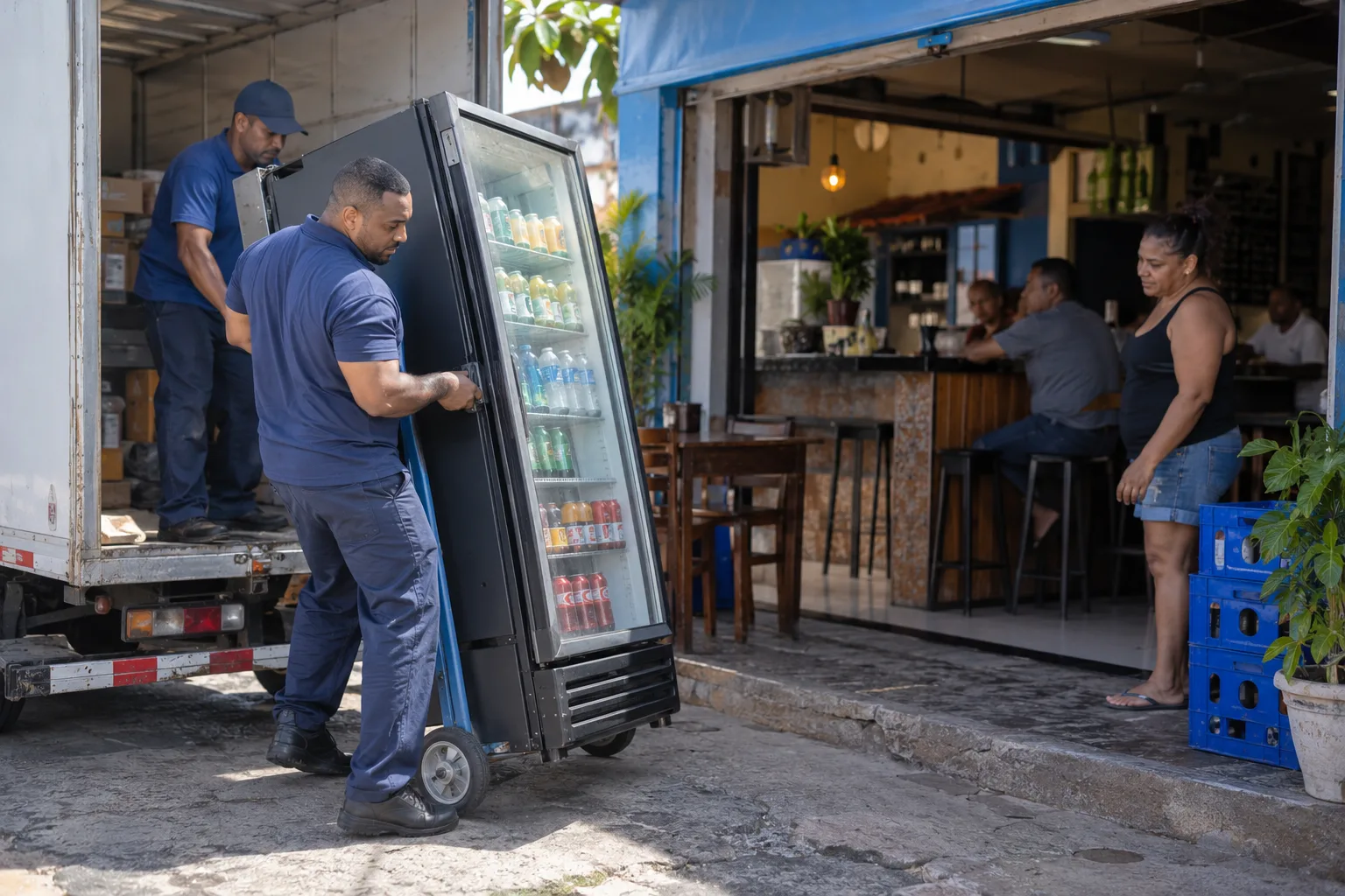Entregador descarrega um expositor de bebidas emprestado em comodato na porta de uma lanchonete