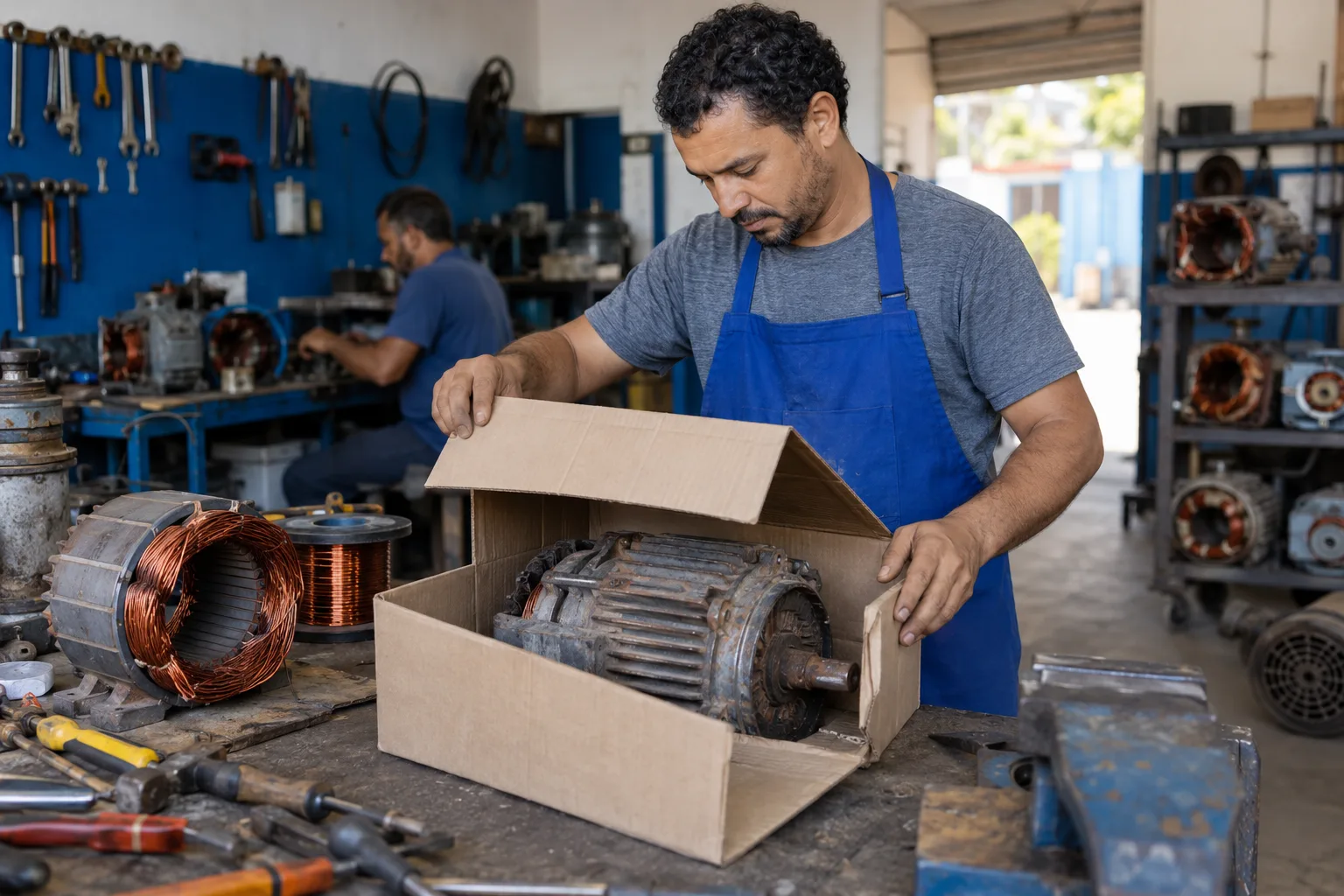 Técnico confere motor elétrico recebido para reparo em oficina de rebobinagem