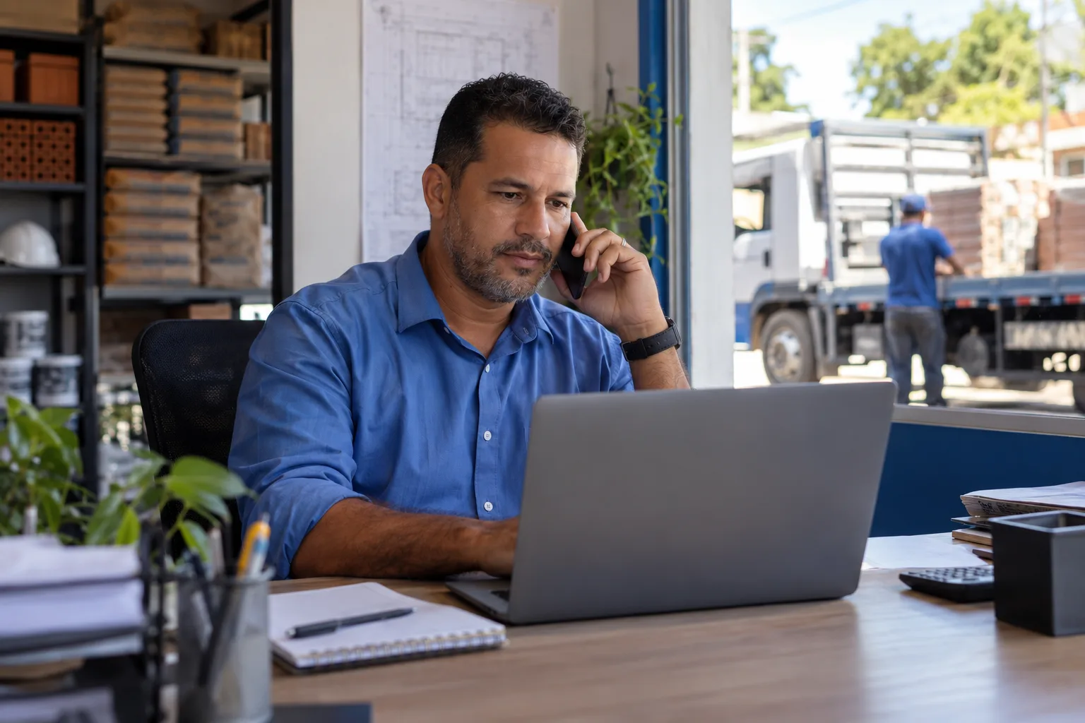 Comprador fala com o fornecedor enquanto confere o prazo de entrega no notebook