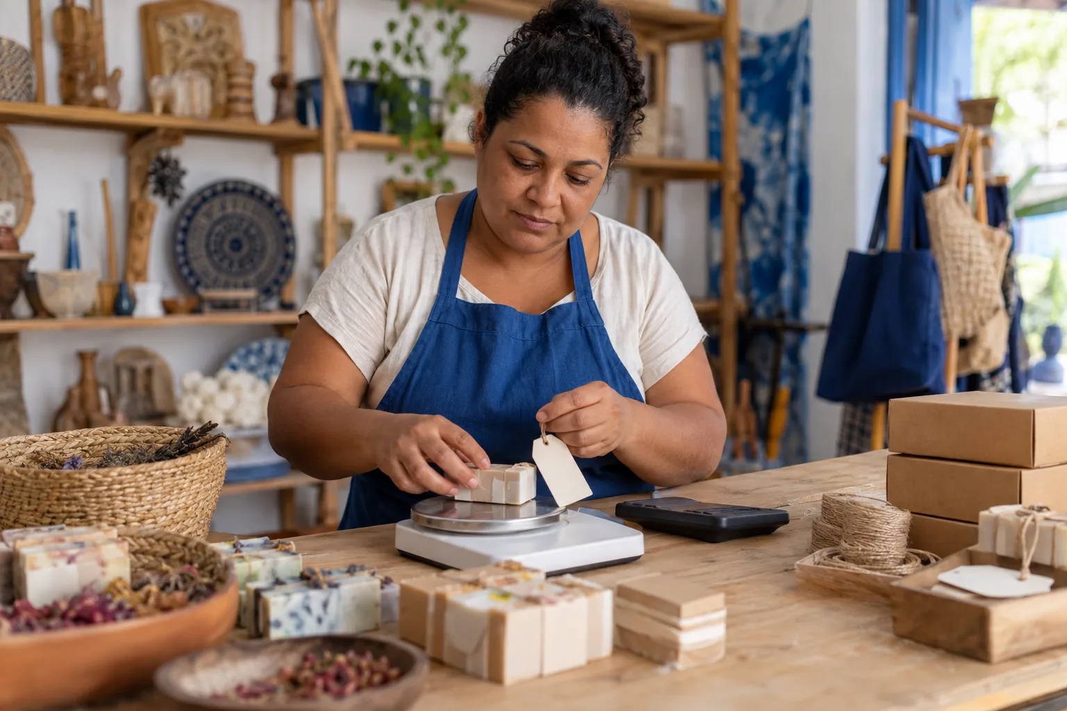 Artesã pesa e etiqueta produtos antes de definir o preço de venda
