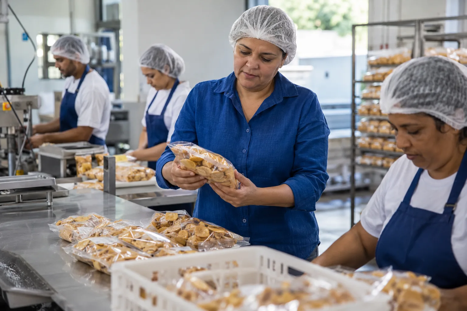 Dona de pequena fábrica de alimentos confere produtos embalados na mesa de produção