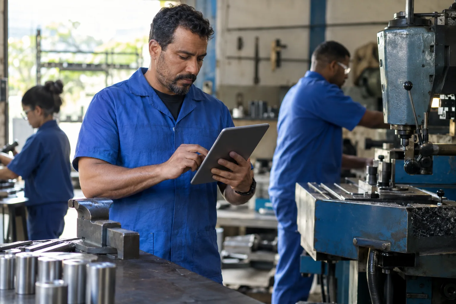 Gerente de pequena metalúrgica revisa ordem de produção no tablet ao lado das máquinas