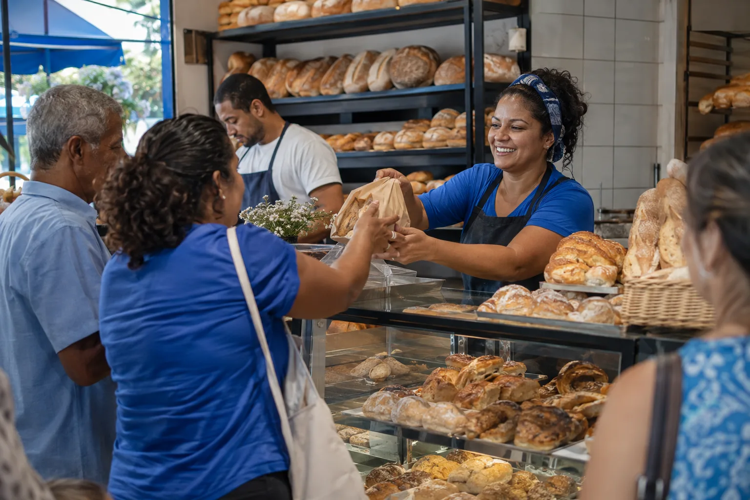 Padaria movimentada com a dona atendendo clientes no balcão