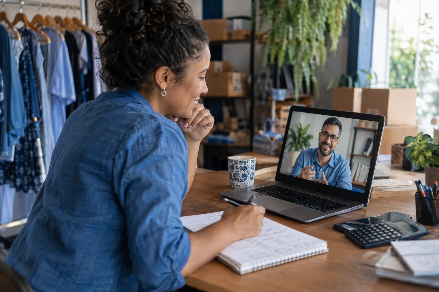 Empreendedora em videochamada com o contador no notebook em casa