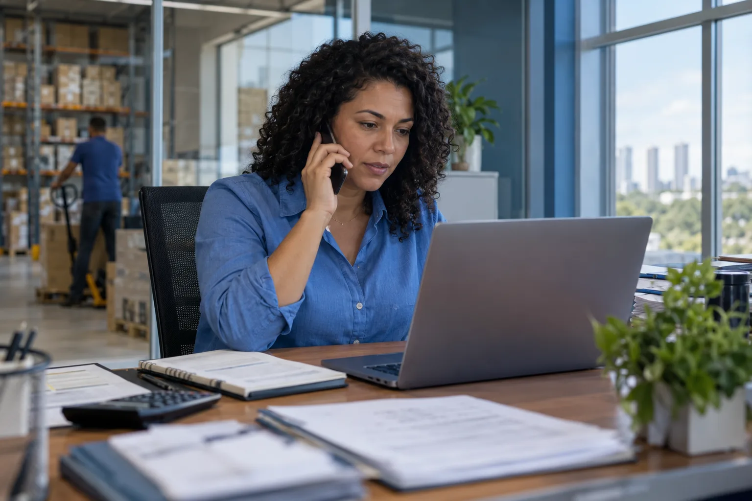 Gerente financeira de uma distribuidora fala ao telefone com um fornecedor olhando o notebook
