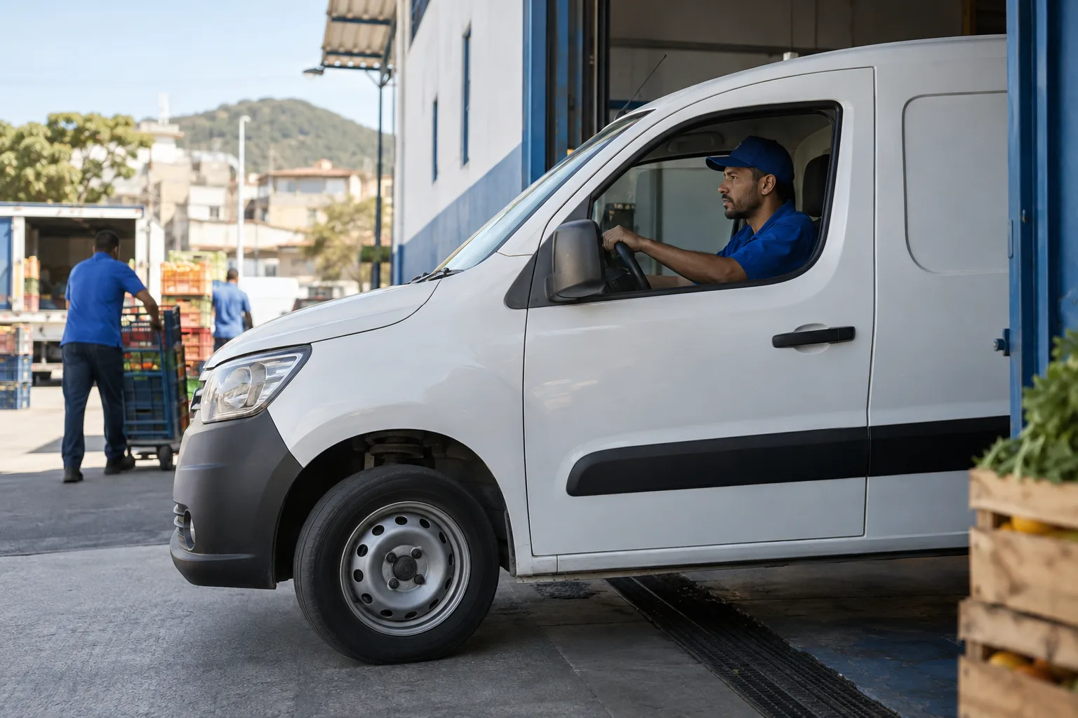 Funcionário de distribuidora sai da garagem dirigindo a van de entregas da empresa