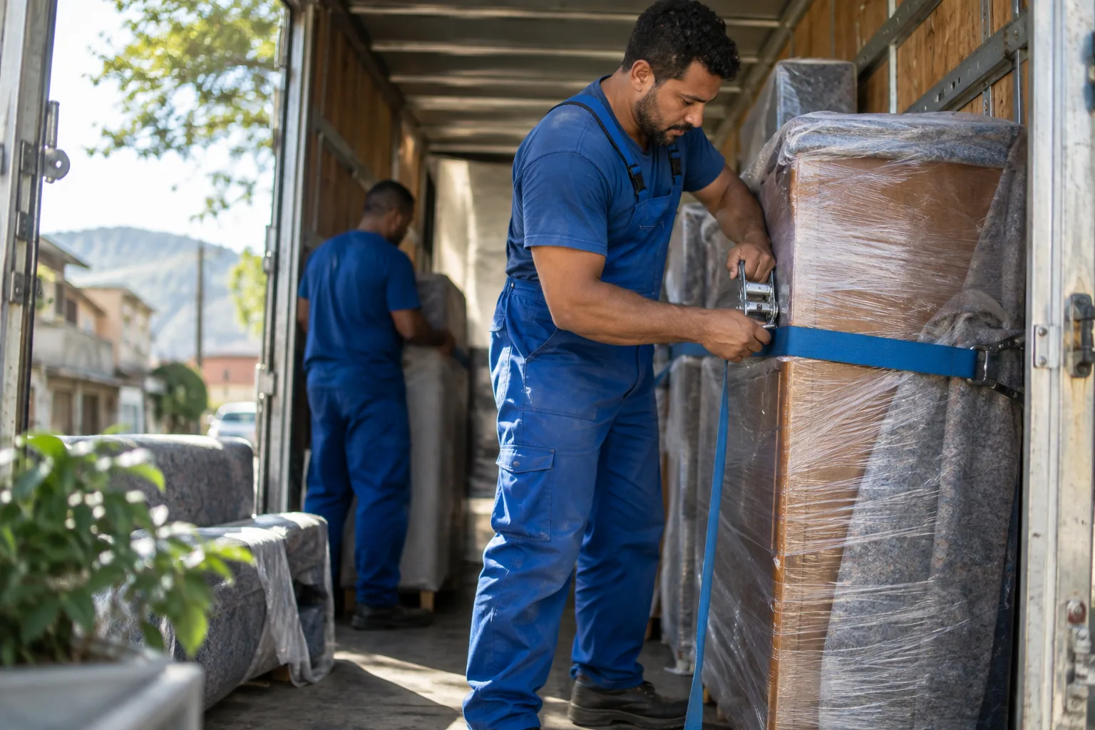 Funcionário de fábrica de móveis prende com cinta os móveis embalados dentro do baú