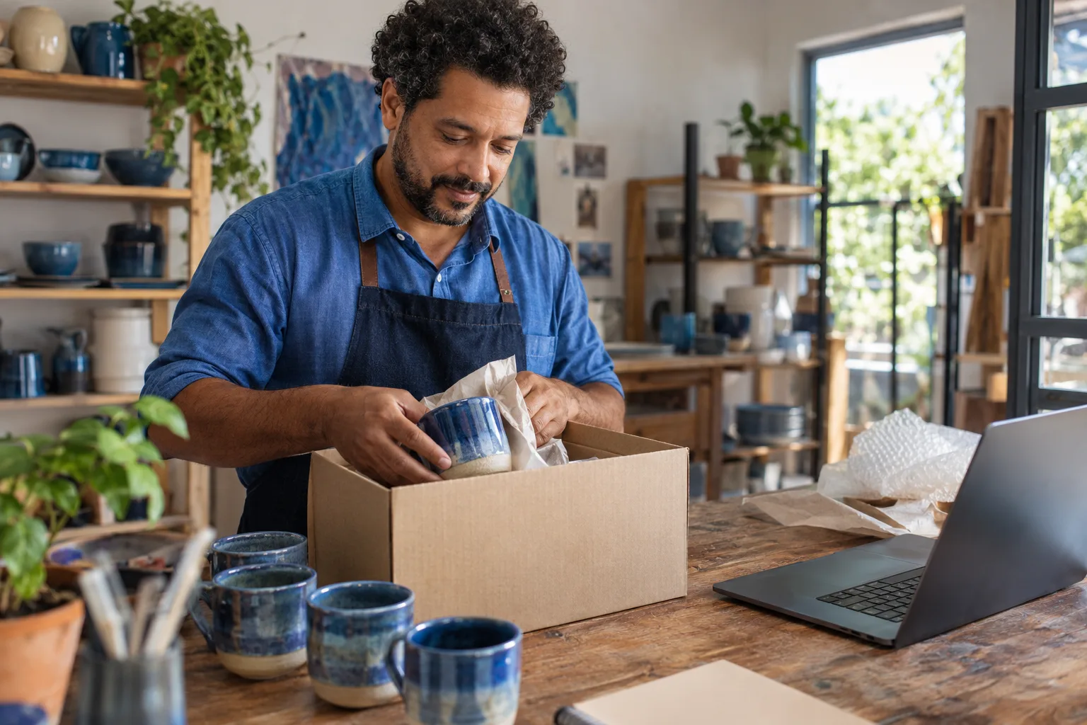 Artesão embala canecas de cerâmica em caixa de papelão para enviar a uma loja cliente